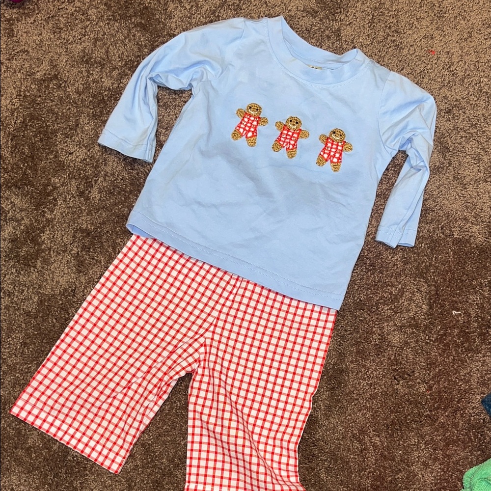 Southern Darlin’ Smocks Light Blue and Red Kids Gingerbread man Set